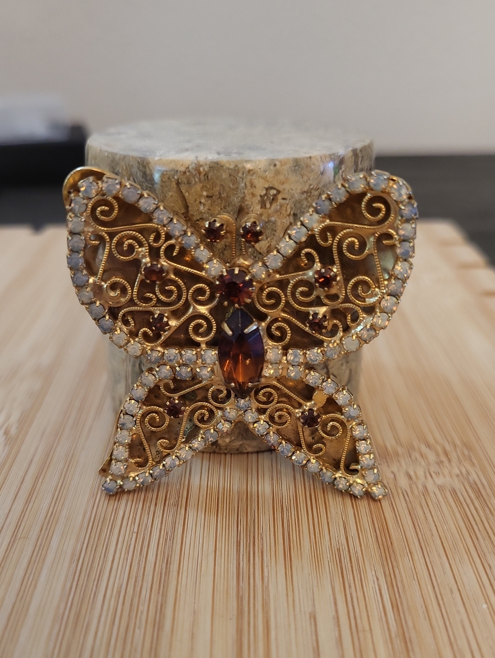 Vintage Gold Filigree Crystal Butterfly Brooch